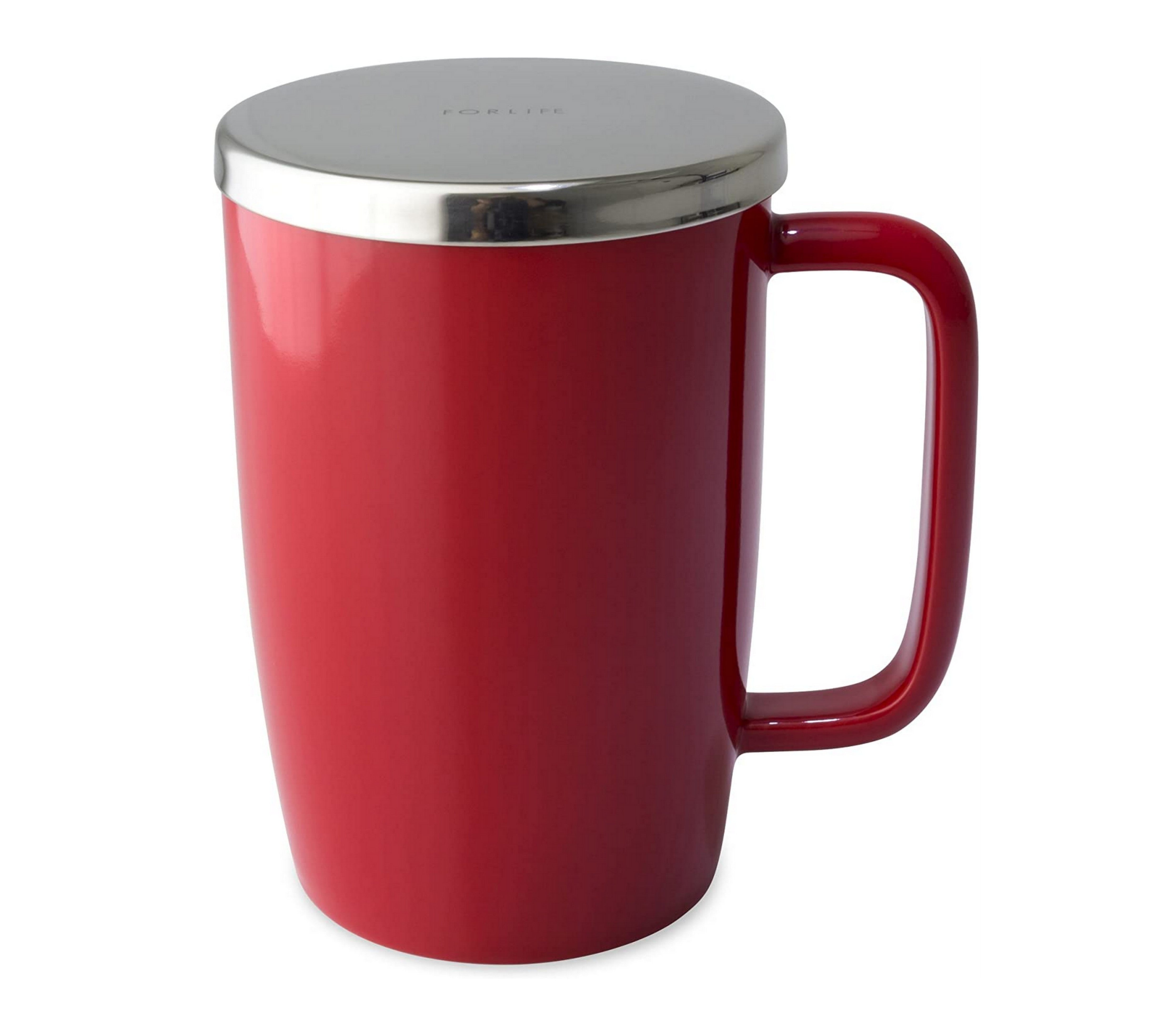FORLIFE Curve Tall Tea Mug with Infuser and Lid 15 Ounces, Red