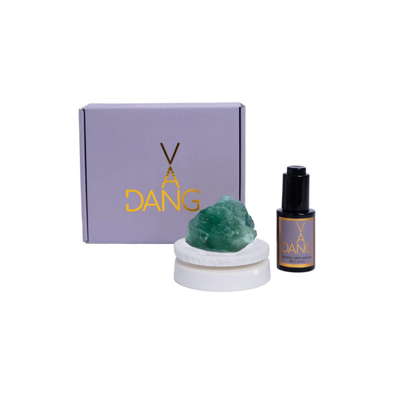 Van Dang Crystal Stone Meditation Set Flourite | Diffuser Oil Dropper Aromatherapy | Luxury Spiritual Home Decor Fragrance Gift Notes of Basil, Ambrette, Pepper, Clary Sage, Mimosa, Sandalwood (Veldt)