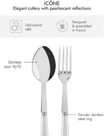 2-Piece Serving Set - Icône Collection - Large Fork & Large Spoon - Stainless Steel & Acrylic - Dishwasher Safe - White