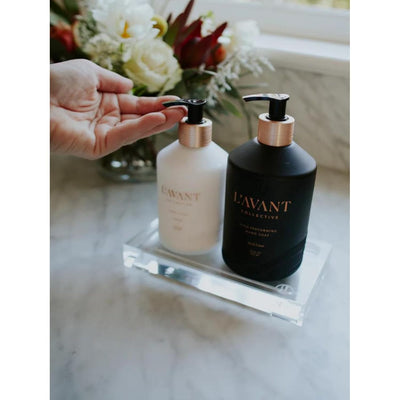 L'AVANT Collective Deluxe Hand Soap & Lotion Bundle with Luxurious Lucite Tray – Hydrating Shea Butter, Softening Hand Wash in Reusable Glass Bottles - Fresh Linen Scent Kitchen Hostess Gifts