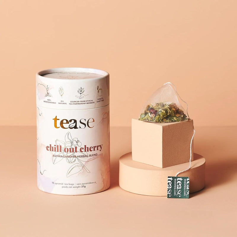 Tease Tea Organic Tea Tube Gift Set | 15 Piece Botanical Pyramid Tea Bag Infuser Sachets Tea Lovers Kit with Ashwagandha, Elderflower, Cranberry, Apple, Strawberry Caffeine Free 37g (Chill Out Cherry)