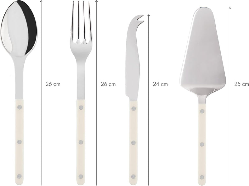 4-Piece Serving Set - Bistrot Collection - 2 Serving Flatware, Serrated Pie Server, Large Cheese Knife - Stainless Steel & Nylon - Dishwasher Safe - Ivory - Brilliant Finish