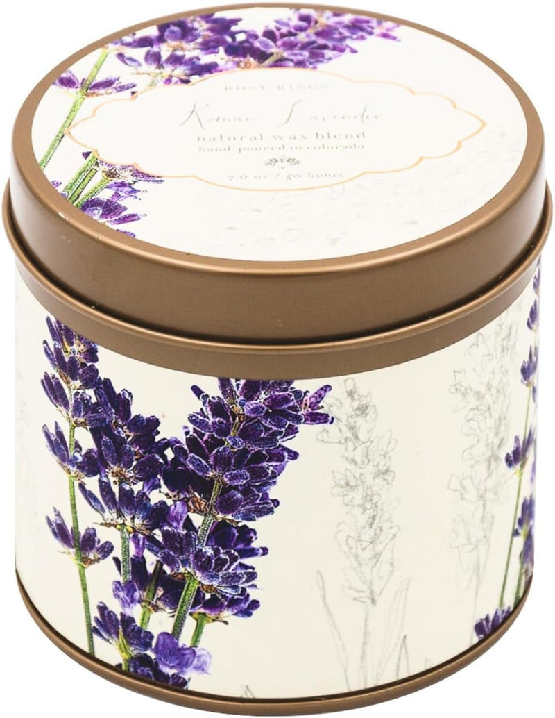 Rosy Rings Signature Tin Candle - Aromatherapy Fragrance Elegant Home Decor Gift Long Lasting 50 Hour Burn Botanical Floral Notes of Amber, Bergamot, Cedarwood, Eucalyptus, Musk (Roman Lavender)