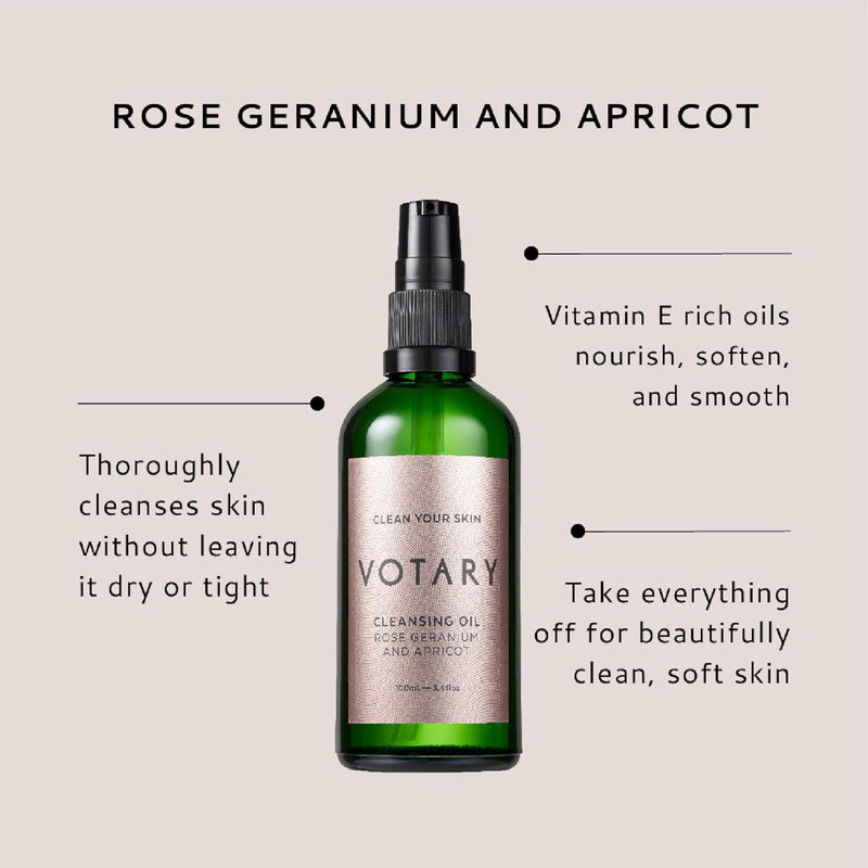 Votary Cleansing Oil Rose Geranium & Apricot | Facial Cleanser Gentle Makeup Remover Cleanses without Clogging Pores With Deep Nourishing Apricot & Jojoba 3.4 Fl Oz