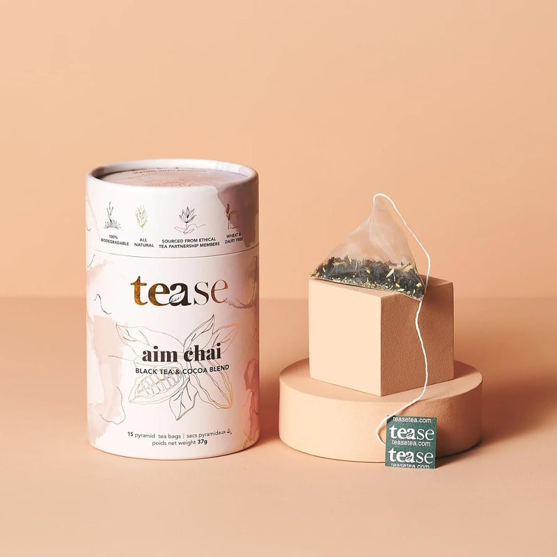 Tease Tea Organic Tea Tube Gift Set | 15 Piece Botanical Pyramid Tea Bag Infuser Sachets Black Tea Blend with Ginger, Cocoa Beans, Cinnamon, Cardamom, Clove, Nutmeg Caffeine 37g (Aim Chai)