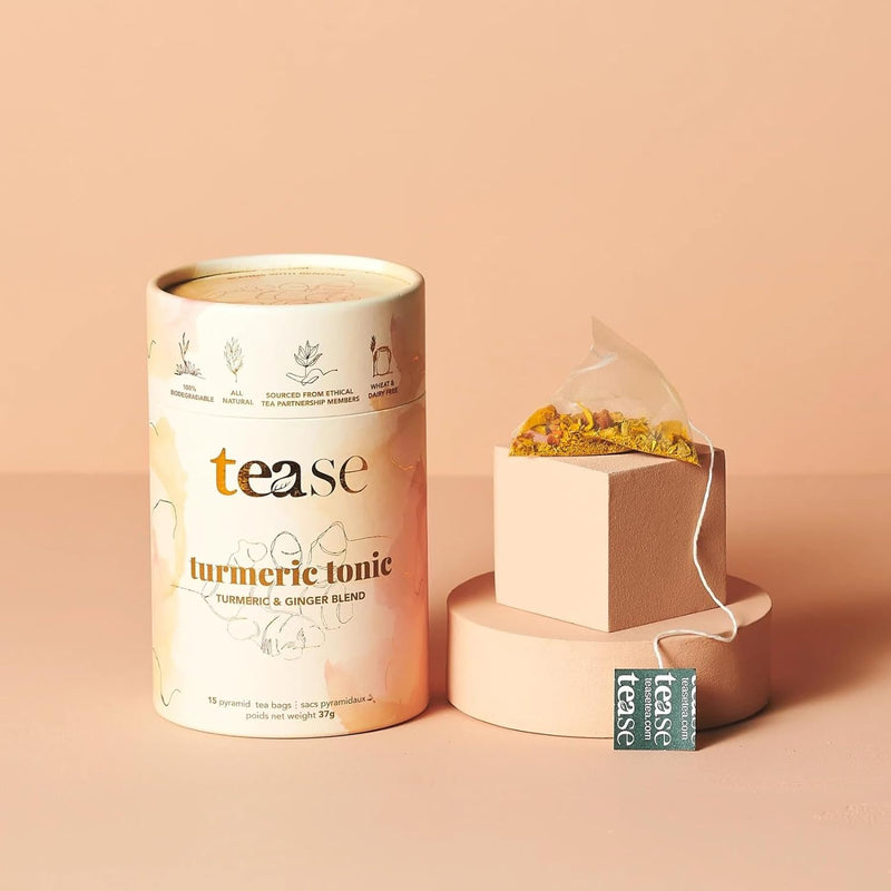 Tease Tea Organic Tea Tube Gift Set | 15 Piece Botanical Pyramid Tea Bag Infuser Sachets Wellness Tea Lovers Kit Loose Leaf Blend with Ginger, Turmeric, Calendula Caffeine Free 37g (Turmeric Tonic)