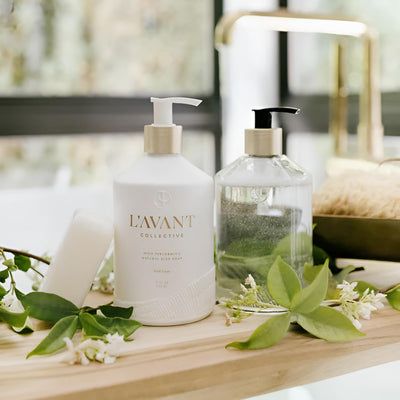 L'AVANT Collective Luxury Home Essentials Bundle | High Performing Dish Soap, Hand Soap, Multipurpose Cleaner Spray, Scrub Brush, Lucite Tray | Luxurious Ingredients Reusable Bottles (Fresh Linen)