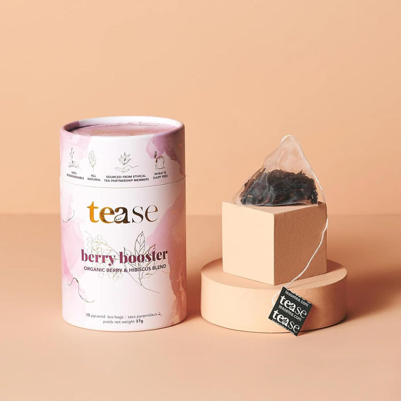 Tease Tea Organic Tea Gift Set | 15 Piece Botanical Pyramid Tea Bag Infuser Sachets Luxury Wellness Tea Lovers Kit Loose Leaf Blend with Elderberry, Currant, Hibiscus Caffeine Free 37g (Berry Booster)