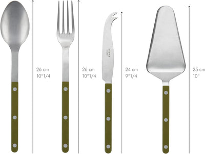 4-Piece Serving Set - Bistrot Vintage Collection - 2 Serving Flatware, Serrated Pie Server, Large Cheese Knife - Stainless Steel & Nylon - Dishwasher Safe - Fern Green - Mat Finish