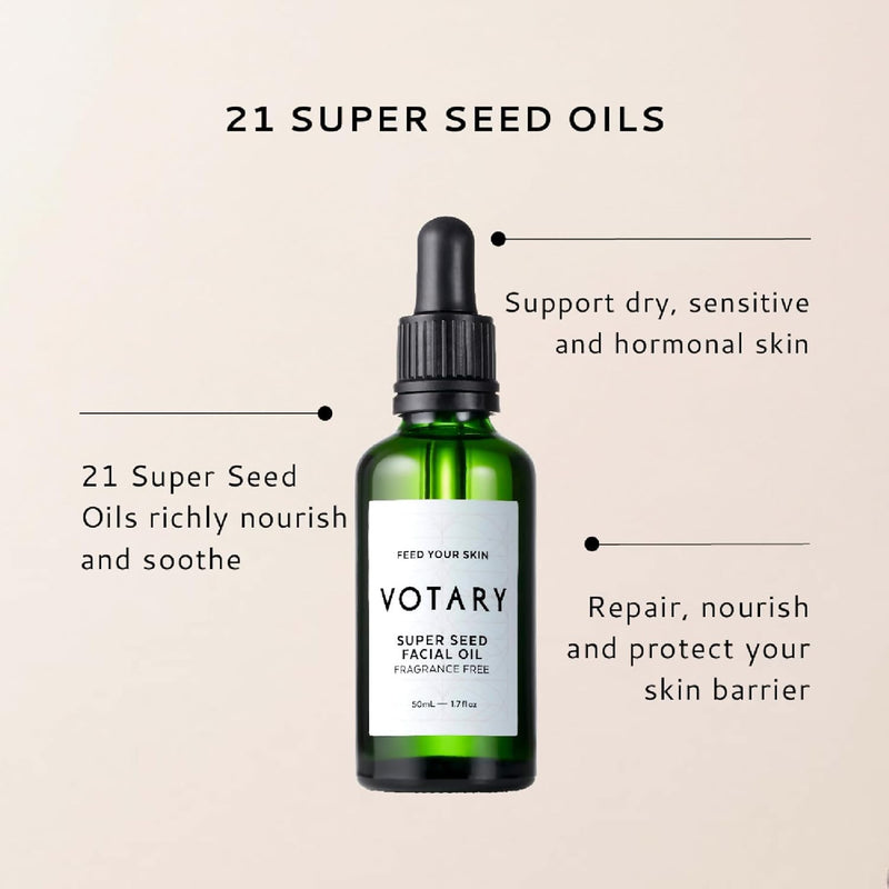 Votary Super Seed Facial Oil | Anti Aging Face Serum Drops For Dryness, Redness, Elasticity Soothes & Nourishes Skin For Alluring Youthful Look Hydrate & Enrich Skin Fragrance Free 1.7 Fl Oz