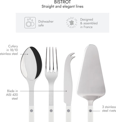 4-Piece Serving Set - Bistrot Collection - 2 Serving Flatware, Serrated Pie Server, Large Cheese Knife - Stainless Steel & Nylon - Dishwasher Safe - White - Brilliant Finish