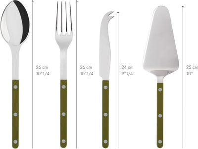 4-Piece Serving Set - Bistrot Collection - 2 Serving Flatware, Serrated Pie Server, Large Cheese Knife - Stainless Steel & Nylon - Dishwasher Safe - Fern Green - Brilliant Finish