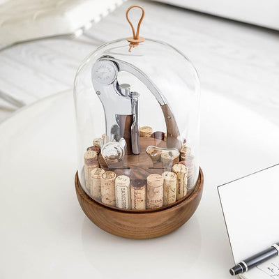 L'atelier Du Vin Oeno Motion Groom Corkscrew & Cork Dome Glass Cloche Display - Tabletop Centerpiece Walnut Wood Base Wine Tasting, Luxury Sommelier Gift Set Wedding, Wine Bottle Opener Made in France