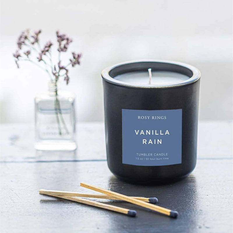 Rosy Rings Vanilla Rain Matte Black Glass Tumbler Candle | Aromatherapy Long Lasting Luxury Home Fragrance Gifts Notes of Cashmere Vanilla Jasmine Lily Sandalwood Apple 50 Hr Burn Time 3.7" H (Boxed)