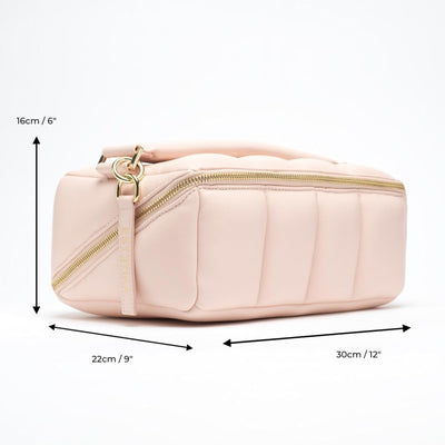 The Bigee Large Makeup Bag Organizer for Women – Puffy Quilted Travel Case with Flat Base, Zip Pockets, Elastic Bands for Beauty Essentials Stylish Beauty Storage Pouch 12"L x9"Wx6"H (Blush)