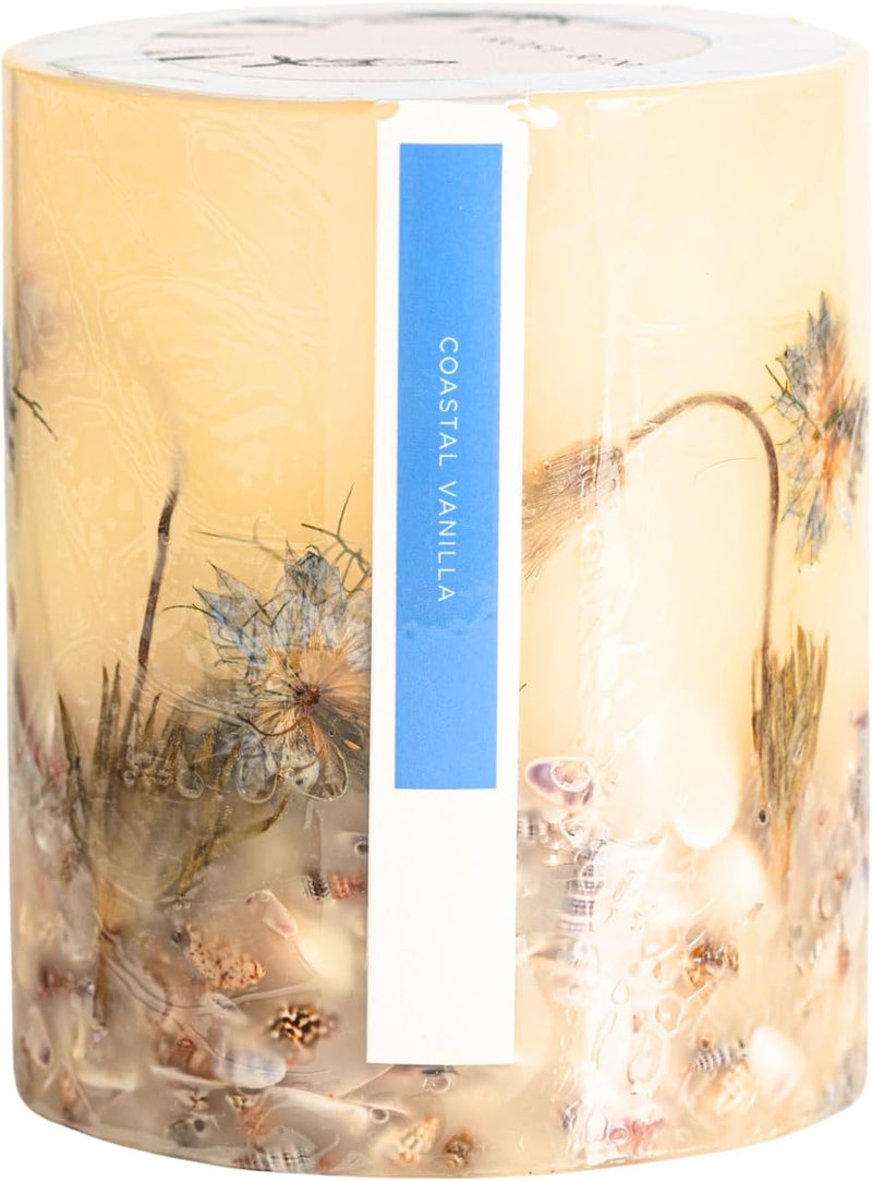 Rosy Rings Small Round Coastal Vanilla Botanical Candle - Bergamot, Jasmine 120 Hour Burn, Vanilla Scented Candles, Aromatherapy Candles, Floral Candles, Long Lasting Candles