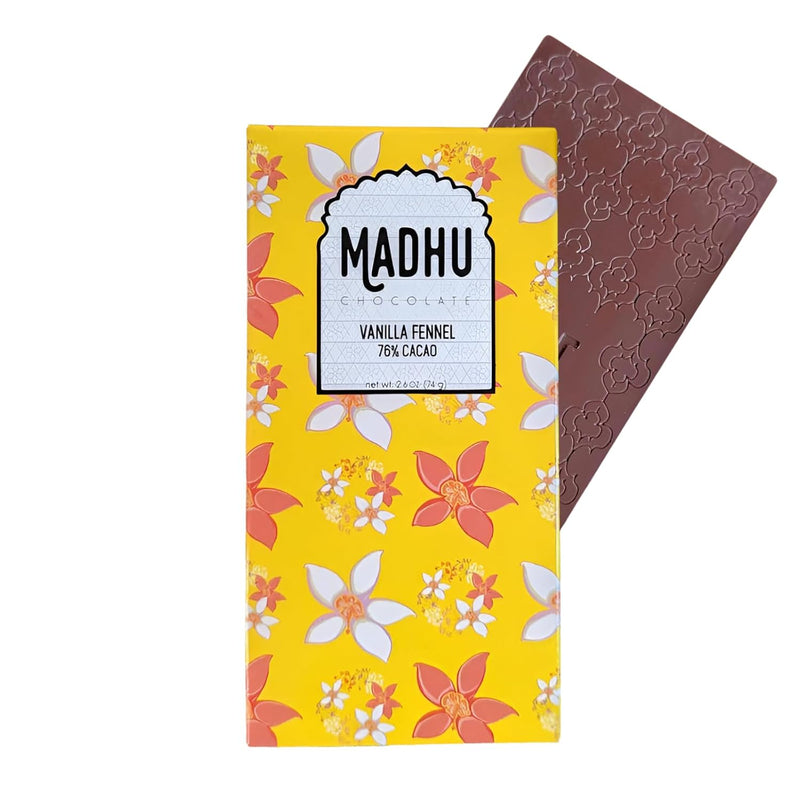 Madhu Chocolate Bar Award Winning Nutritious, Gluten, Soy Free | Handcrafted Indian Inspired Cacao Chocolate Bar Gourmet Dessert Gifts | Artisanal Snacks 2.6oz (Vanilla Fennel - 76% Cacao)