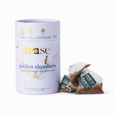 Tease Tea Organic Tea Tube Gift Set | 15 Piece Botanical Pyramid Tea Bag Infuser Sachets Loose Leaf Support Citrusy Blend with Rooibos, Peppermint, Valerian Root Caffeine Free 37g (Golden Slumbers)