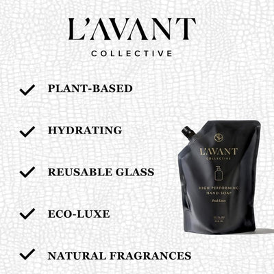 L'avant Collective Hand Soap & Refill Bundle Fresh Linen | High Performing with Aloe Leaf Juice Notes of Bamboo, Ylang Ylang, Jasmine, Geranium, Sage Reusable Glass Bottle Kitchen Home Decor Gifts