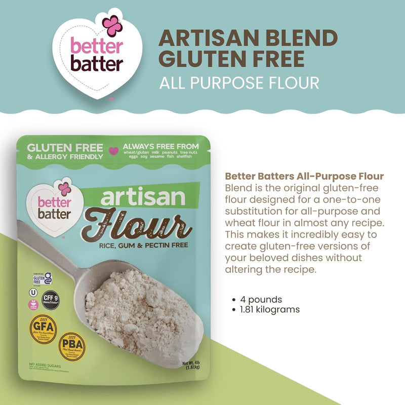 Better Batter Artisan Flour Blend Gluten Free - Award Winning Nutritious, Vegan, Allergen Free, & Kosher - Cup for Cup Alternative All-Purpose Baking, Organic, Non-GMO, 4lbs