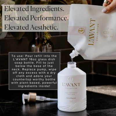 L'AVANT Collective High Performing Dish Soap Refill | Plant-Based Ingredients & High Performing Formula | Notes of Bergamot, Orange Blossom, Amber, Cedar | Blushed Bergamot Scent 32oz