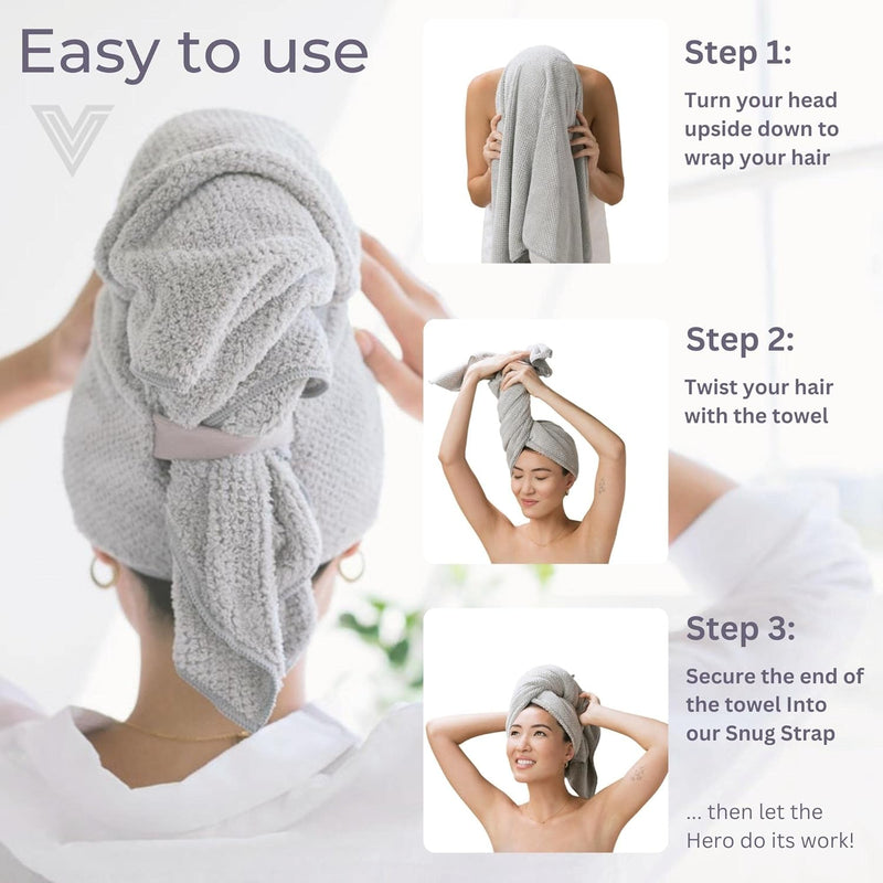 VOLO Hero Luna Gray Hair Towel - Ultra Soft, Quick Drying, Anti Frizz, Large Size, USA Made