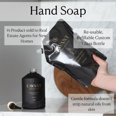 L'avant Collective Hand Soap & Refill Bundle Fresh Linen | High Performing with Aloe Leaf Juice Notes of Bamboo, Ylang Ylang, Jasmine, Geranium, Sage Reusable Glass Bottle Kitchen Home Decor Gifts