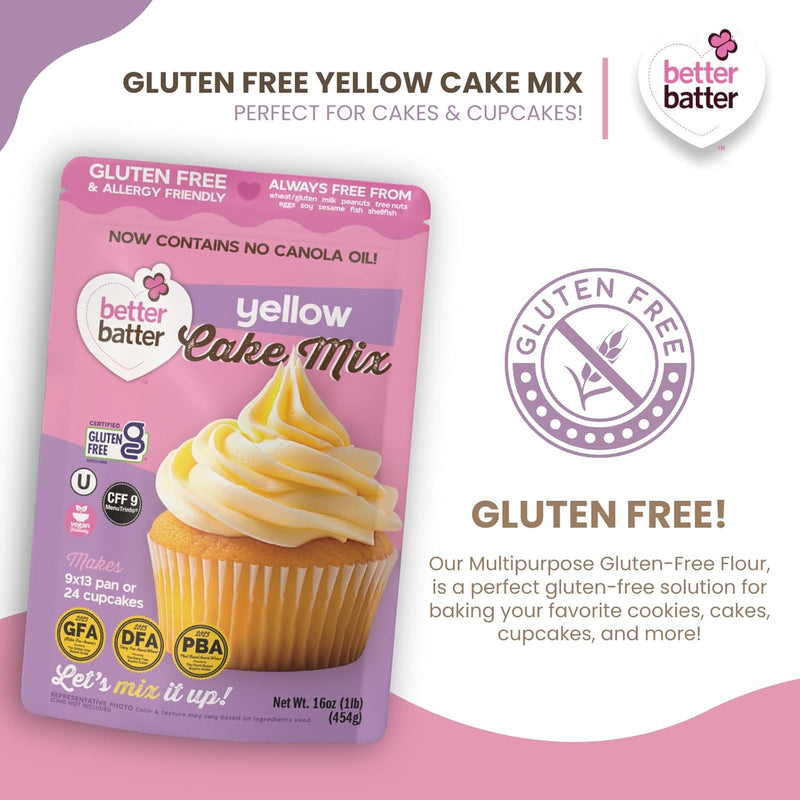 Better Batter Yellow Cake Mix | Certified Kosher, Vegan & Gluten Free Mix for Baking Top 8 Allergen-Free Perfect for Cakes & Cupcakes! Just Add Water, Oil & Eggs Hostess Kitchen Cooking Gifts 1LB Pouch