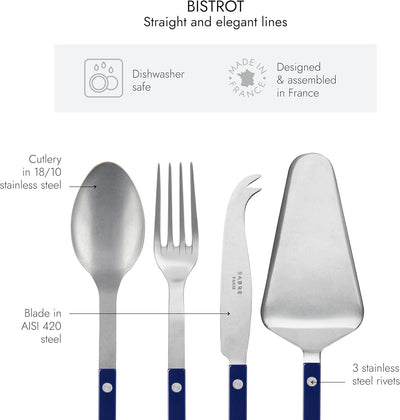 4-Piece Serving Set - Bistrot Vintage Collection - 2 Serving Flatware, Serrated Pie Server, Large Cheese Knife - Stainless Steel & Nylon - Dishwasher Safe - Navy Blue - Mat Finish