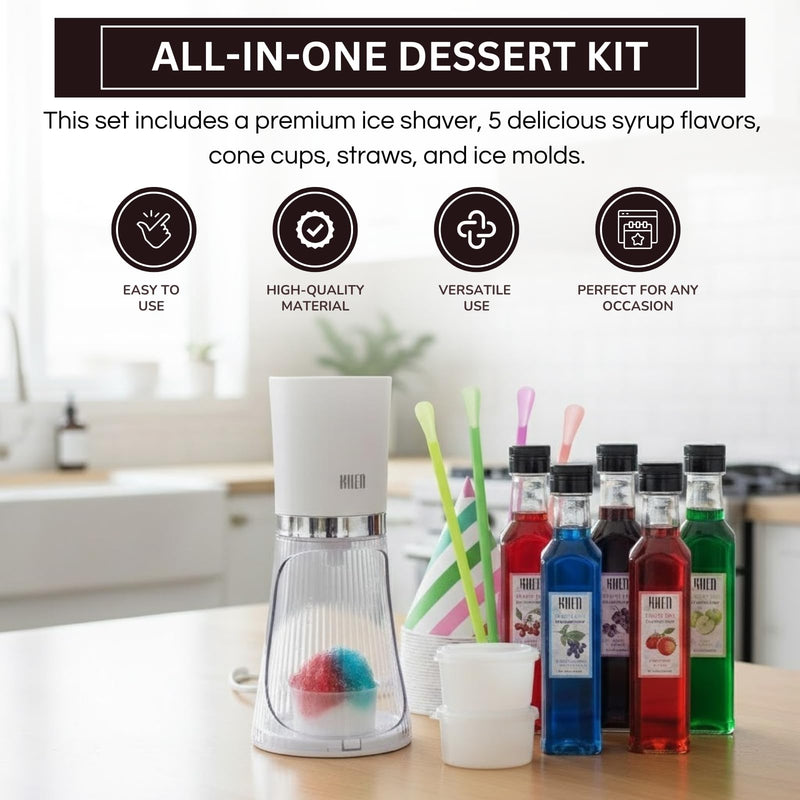 Snow Cone Machine Gift Set – Electric Shaved Ice Maker Kit with 5 Syrup Flavors - Includes Cone Cups, Straws & Ice Molds, Frozen Dessert Kit Maker for Kids & Parties, Birthday, Hawaiin Slushie Machine