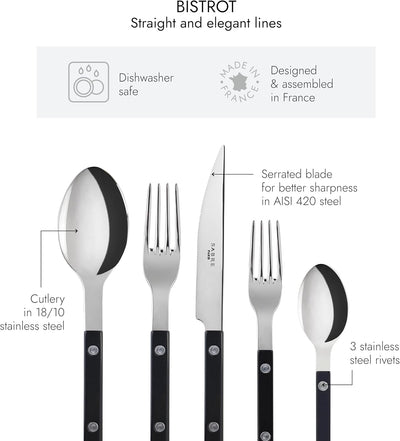 20-Piece Flatware Set for 4 - Bistrot Collection - Knife, Fork, Soup Spoon, Teaspoon & Dessert Fork - Stainless Steel & Nylon - Dishwasher Safe - Black - Shiny Finish