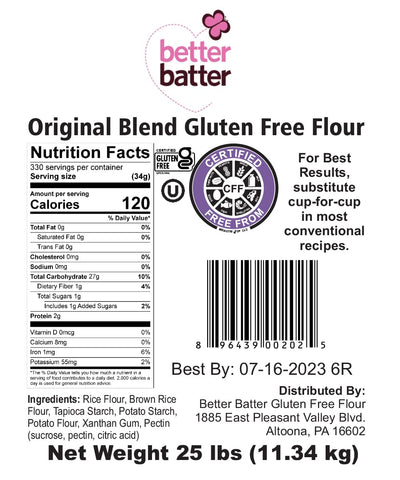 Better Batter Gluten Free Flour - Award Winning Nutritious, Vegan, Allergen Free, & Kosher - Cup for Cup Alternative All-Purpose Baking, Certified Organic, Non-GMO, 25 lbs