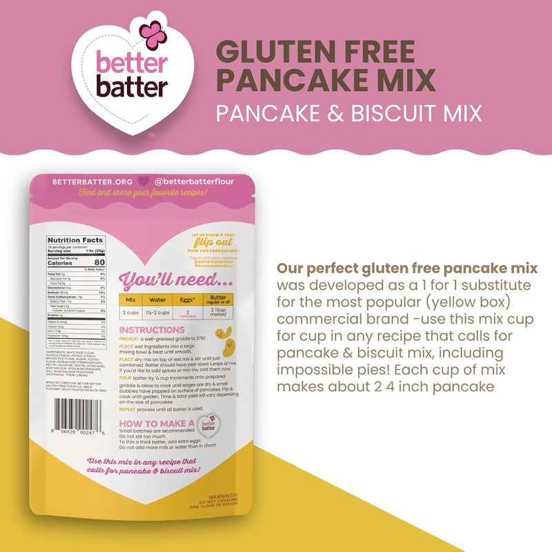 Better Batter Pancake Mix | Certified Kosher, Vegan & Gluten Free Mix for Baking Top 8 Allergen-Free Perfect for Fluffy Pancakes! Just Add Water, Eggs & Butter Hostess Kitchen Cooking Gifts 1LB Pouch