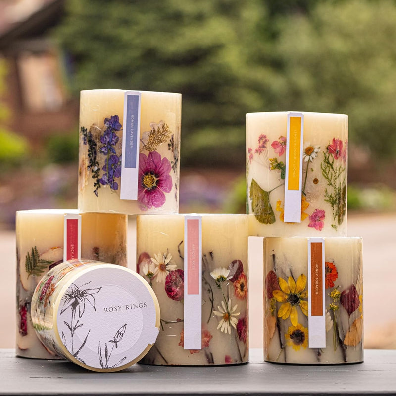 Rosy Rings Medium Round Botanical Candle - Spicy Apple 6.5" Burn Time 200 Hours Notes of Cardamom, Cinnamon, Clove, Long Lasting Candles, Aromatherapy Luxurious Fragrance Elegant Home Decor Gifts