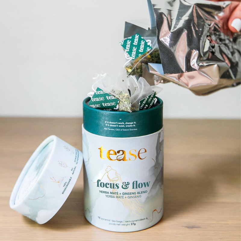 Tease Tea Organic Tea Tube Gift Set | 15 Piece Botanical Pyramid Tea Bag Infuser Sachets Loose Leaf Blend with Yerba Mate, Ginseng, Spearmint, Gingko, Calendula 37g (Focus & Flow)