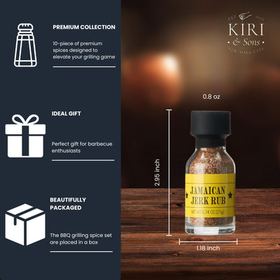 Kiri & Sons Smokehouse BBQ Gourmet Grilling Spice Set | 10-Set | Glass Bottle Seasonings, Grill Seasoning Flavors Include Caribbean, Jamaican Memphis, Jalapeno Rub, Montreal, Cajun Chili Garlic & More