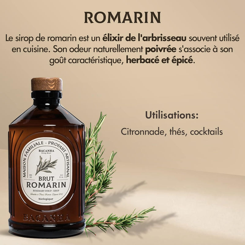 BACANHA - Organic and Raw Syrup - Rosemary Syrup - For Cocktail, Lemonade, Water and Ice Tea - 400 ml