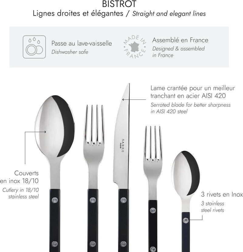 5-Piece Flatware Set - Bistrot Collection - Knife, Fork, Soup Spoon, Teaspoon & Dessert Fork - Stainless Steel & Nylon - Dishwasher Safe - Black - Brilliant Finish