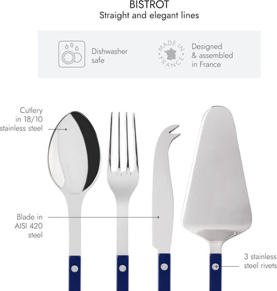 4-Piece Serving Set - Bistrot Collection - 2 Serving Flatware, Serrated Pie Server, Large Cheese Knife - Stainless Steel & Nylon - Dishwasher Safe - Navy Blue - Brilliant Finish