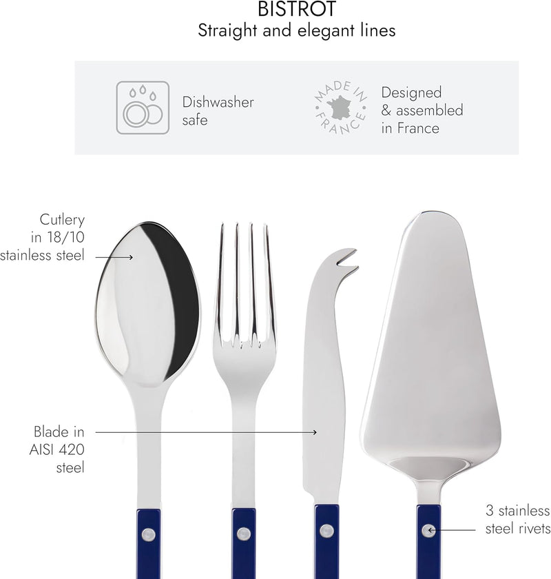 4-Piece Serving Set - Bistrot Collection - 2 Serving Flatware, Serrated Pie Server, Large Cheese Knife - Stainless Steel & Nylon - Dishwasher Safe - Navy Blue - Brilliant Finish