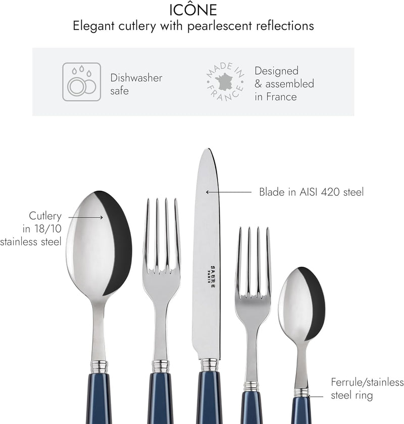 20-Piece Flatware Set For 4 - Icône Collection - Knives, Forks, Soup Spoons, Teaspoons & Dessert Forks - Stainless Steel & Acrylic - Dishwasher Safe - Midnight Blue