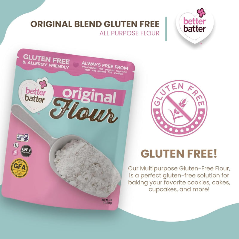 Better Batter Original Blend Multipurpose Certified Gluten-Free Flour, Top 8 Allergen Free, Cup for Cup Baking Alternative to Ordinary Flour 4LB Pouch