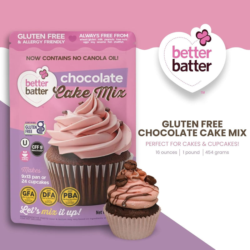 Better Batter Chocolate Cake Mix | Certified Kosher, Vegan & Gluten Free Mix for Baking Top 8 Allergen-Free Perfect for Cakes & Cupcakes! Just Add Water, Oil & Eggs Hostess Kitchen Cooking Gifts 1LB Pouch17.45