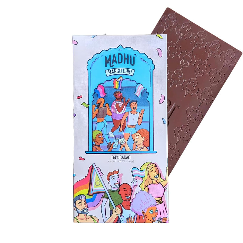 Madhu Chocolate Bar Award Winning Nutritious, Gluten, Soy Free | Handcrafted Indian Inspired Cacao Chocolate Bar Gourmet Dessert Gifts | Artisanal Snacks 2.6oz (Mango Chili - 64% Cacao)