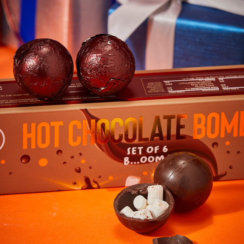 Hot Chocolate Boms Marshmallow Balls - Set of 6 - Delicious Cocoa Melts Bom Filled Marshmallows - 2 Flavors Caramel & Fudge Brownie Candy - Classic Milk Chocolates Cocoa Melt Gift - Delicious Gifts