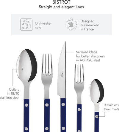 20-Piece Flatware Set for 4 - Bistrot Collection - Knife, Fork, Soup Spoon, Teaspoon & Dessert Fork - Stainless Steel & Nylon - Dishwasher Safe - Navy Blue - Shiny Finish