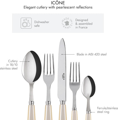 5-Piece Flatware Set - Icône Collection - Knife, Fork, Soup Spoon, Teaspoon & Dessert Fork - Stainless Steel & Acrylic - Dishwasher Safe - Pearly White