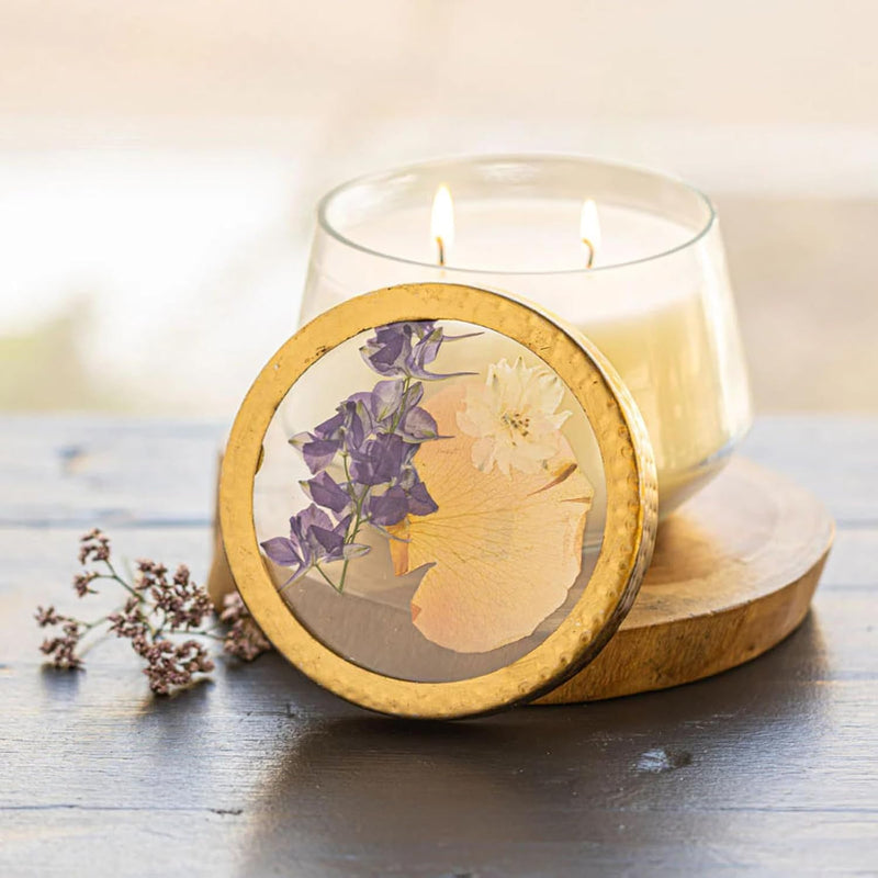 Rosy Rings Vanilla Rain Pressed Floral Candle | Aromatherapy Long Lasting Luxury Home Fragrance Decor Gifts Notes of Cashmere Vanilla Jasmine Lily Sandalwood Apple 90 Hr Burn Time 4" H (Large)