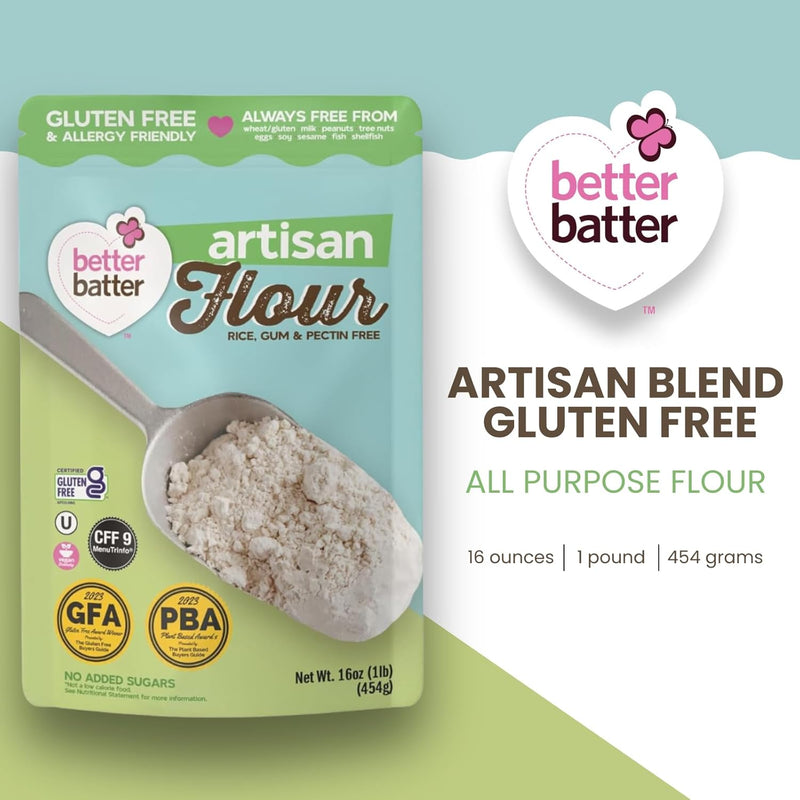 Better Batter Artisan Flour Blend Gluten Free - Award Winning Nutritious, Vegan, Allergen Free, & Kosher - Cup for Cup Alternative All-Purpose Baking, Organic, Non-GMO, 1lbs