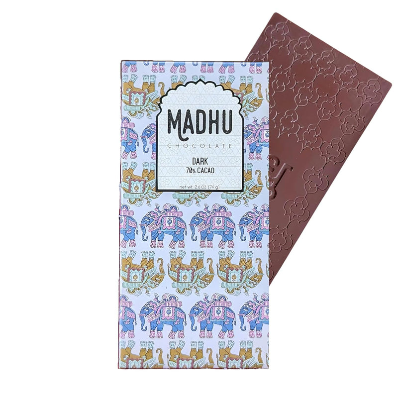 Madhu Chocolate Bar Award Winning Nutritious, Gluten, Soy Free | Handcrafted Indian Inspired Cacao Chocolate Bar Gourmet Dessert Gifts | Artisanal Snacks 2.6oz (Pure Dark - 70% Cacao)